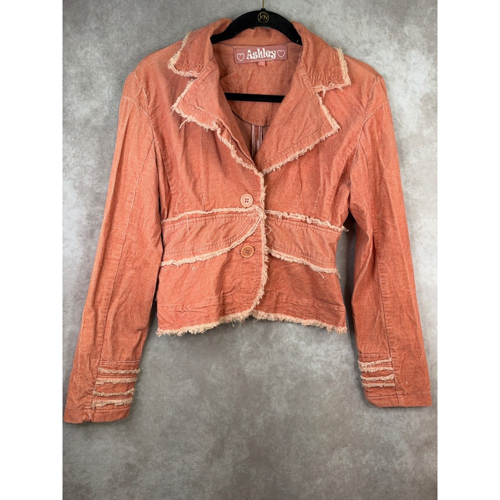 Y2K Ashley Corduroy Jacket Womens P/S Peach Distressed Raw Edge Cropped Blazer